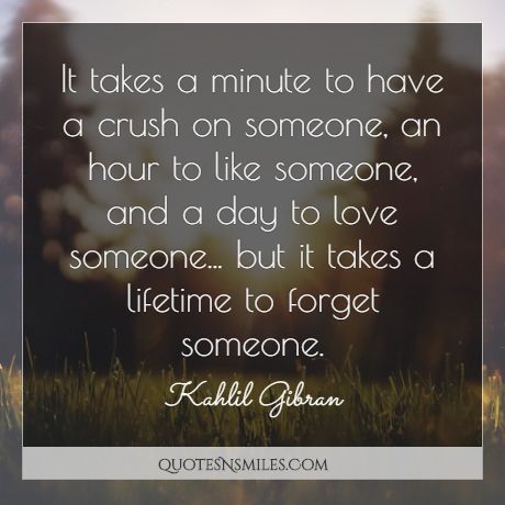 It takes a minute to have a crush on someone, an hour to like someone, and a day to love someone... but it takes a lifetime to forget someone.