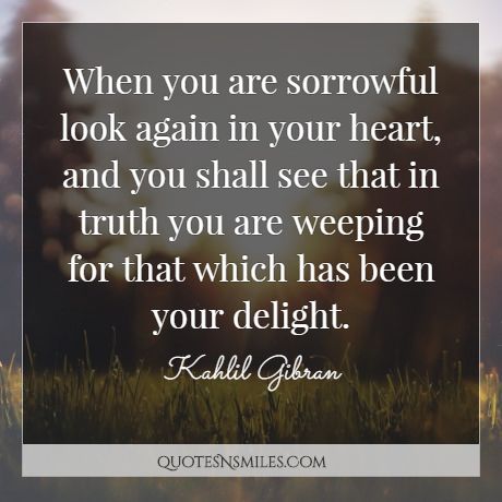 When you are sorrowful look again in your heart, and you shall see that in truth you are weeping for that which has been your delight.