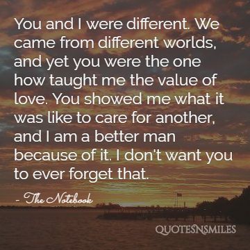 You and I were different. We came from different worlds, and yet you were the one how taught me the value of love. You showed me what it was like to care for another, and I am a better man because of it. I don't want you to ever forget that.