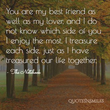 You are my best friend as well as my lover, and I do not know which side of you I enjoy the most. I treasure each side, just as I have treasured our life together.