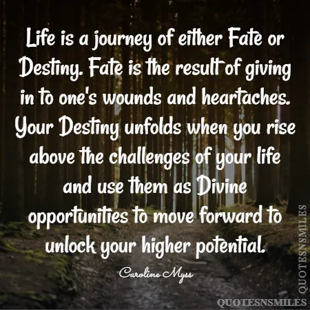life is a journey of either fate or destiny fate is the result of giving in to one s wounds and heartaches your destiny unfolds when you rise above the challenges of your life and use them as divine opportunities to move forward to unlock your higher potential 